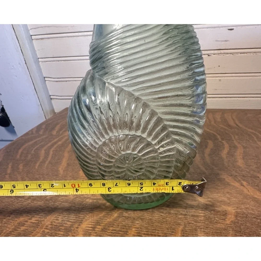 Vintage Nautilus Seashell Embossed Green Glass Vase Bottle 10